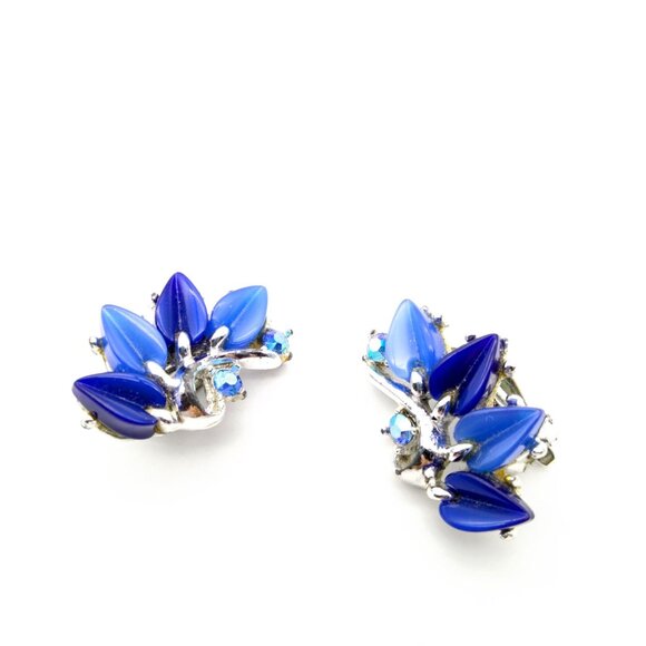Vintage Blue Moonglow Thermoset Lucite Earrings, Mid Century Glam, Silver Tone C - Picture 2 of 4